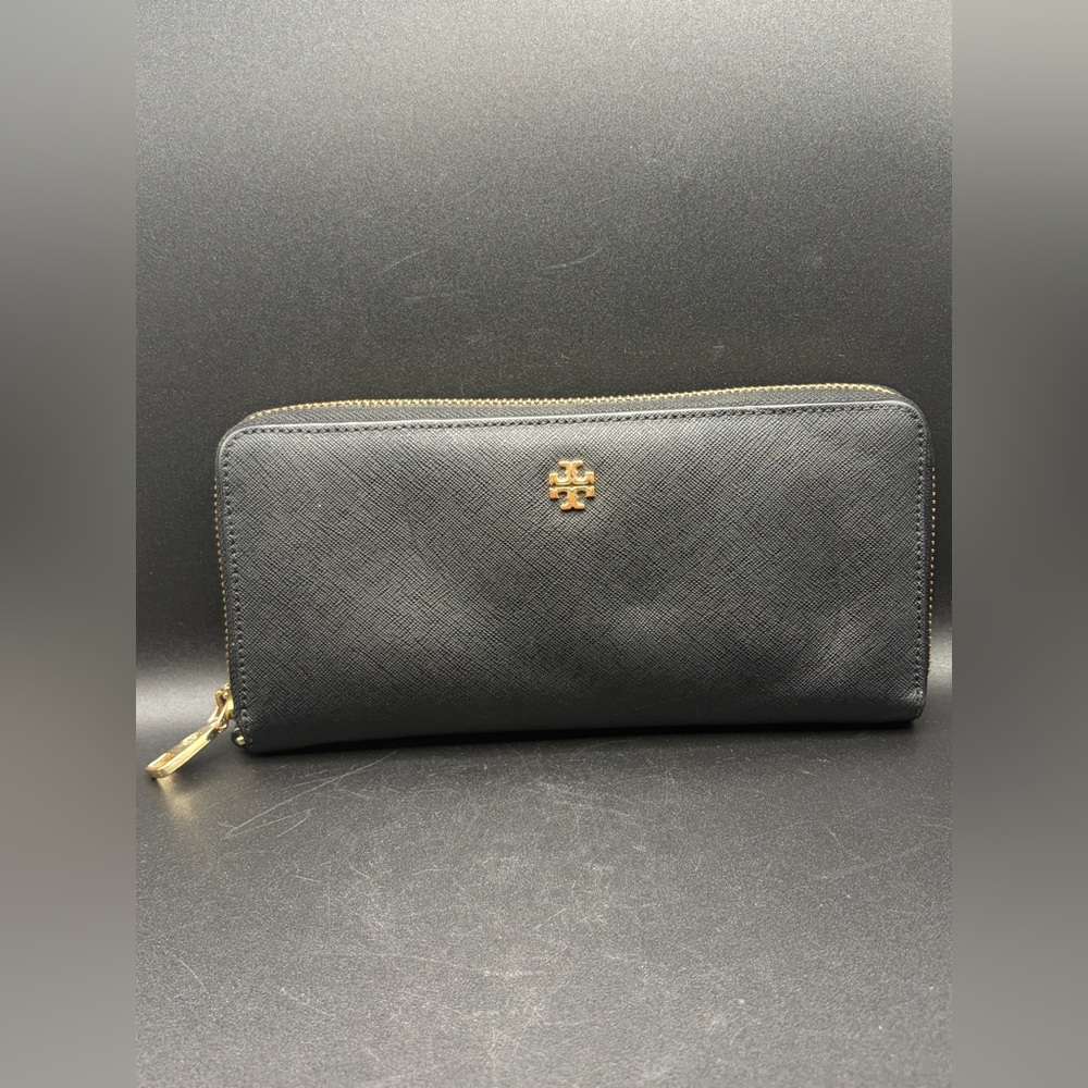 Tory Burch Black Zippered Wallet, Gold Tone Tory Birch Logo Zip Closure Wallet